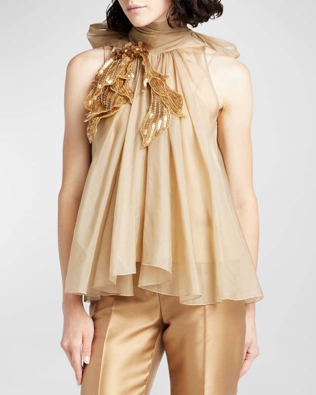 Flower-Applique Sleeveless Silk Top